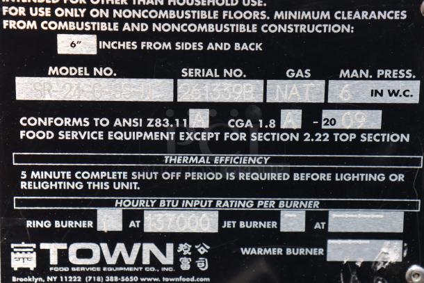 Town SR-24-G-SS Natural Gas Grate Top Stock Pot Range label. Model: SR-24-G-SS, Serial: 261359B. Legs bent, gas pressure: 6 in W.C.