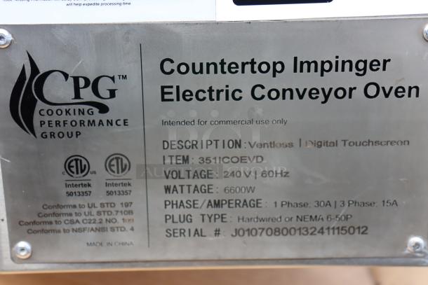 Countertop Ventless Electric Conveyor Oven, model 351ICOEVD by Cooking Performance Group. 240V, 6700W, minor dents, conveyor bend. Serial J0107080013241115012.