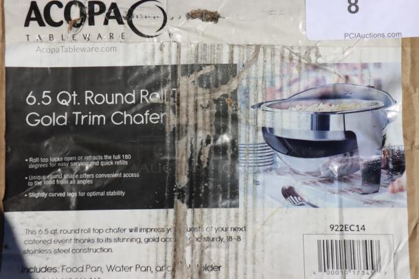 Acopa Supreme 6.5 Qt. Round Gold Accent Roll Top Chafer, Model 922EC14. New condition, scratch-n-dent package.