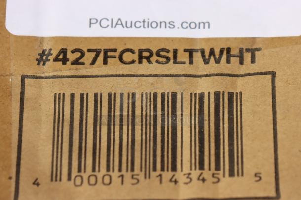 Lancaster model 427FCRSLTWHT barcode. Packaging shows damage; contains 28 white resin folding chairs with slatted seats.