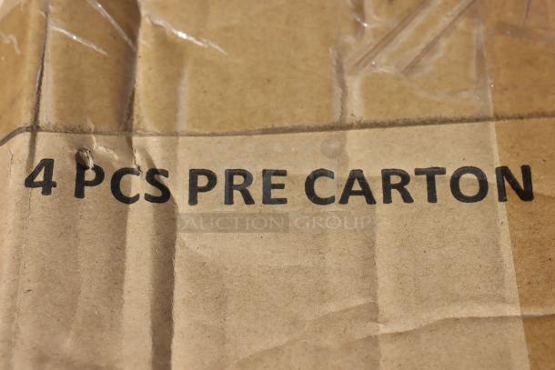 Cardboard packaging with text "4 PCS PER CARTON," indicating contents of folding chairs by Lancaster Table & Seating.