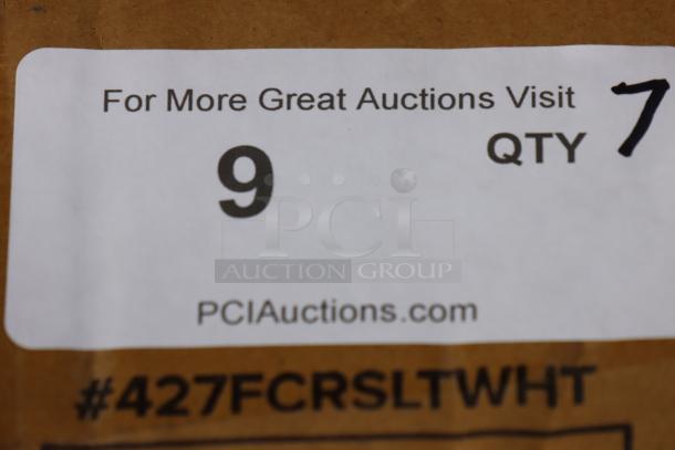 Label displaying "For More Great Auctions Visit PCIauctions.com," quantity "7," and model "#427FCRSLTWHT."