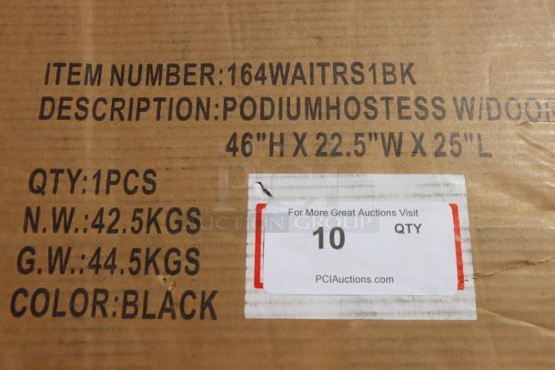 BRAND NEW OPEN BOX Lancaster 164WAITRS1BK black host podium, 46"x22.5"x25"; original packaging damaged, minor paint chips.