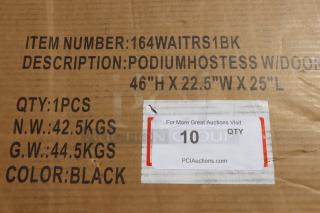 BRAND NEW OPEN BOX Lancaster 164WAITRS1BK black host podium, 46"x22.5"x25"; original packaging damaged, minor paint chips.