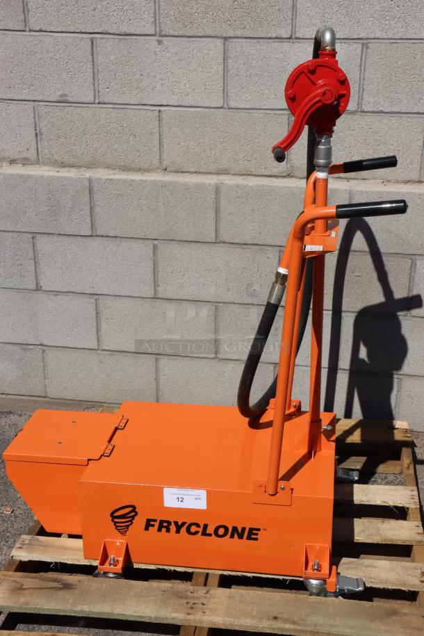 BRAND NEW Fryclone 259DISP100, 100 lb. fryer oil disposal unit, minor paint scratches on handles, visible branding.