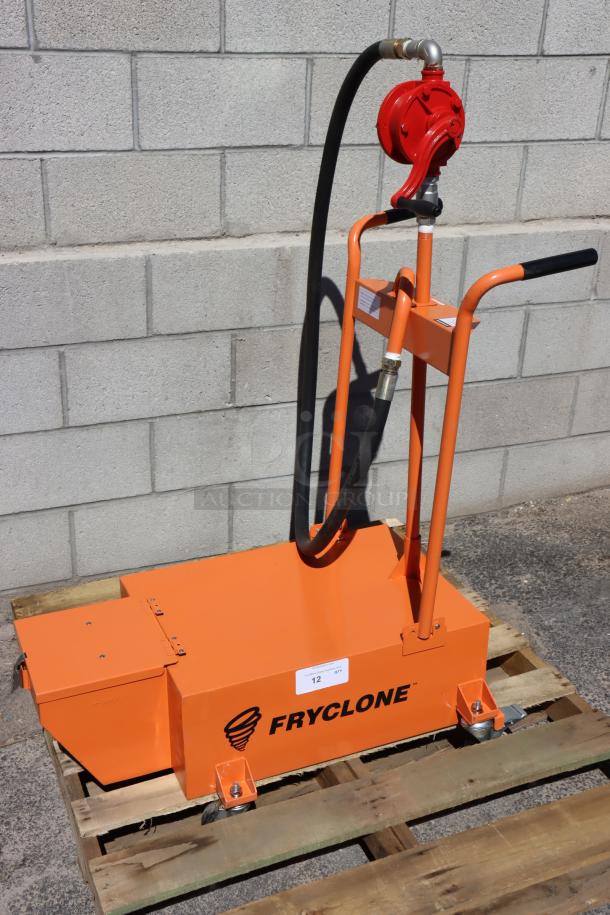 BRAND NEW Fryclone 100 lb. Fryer Oil Disposal Unit, model 259DISP100, minor scratches near handles, vibrant orange, on pallet.