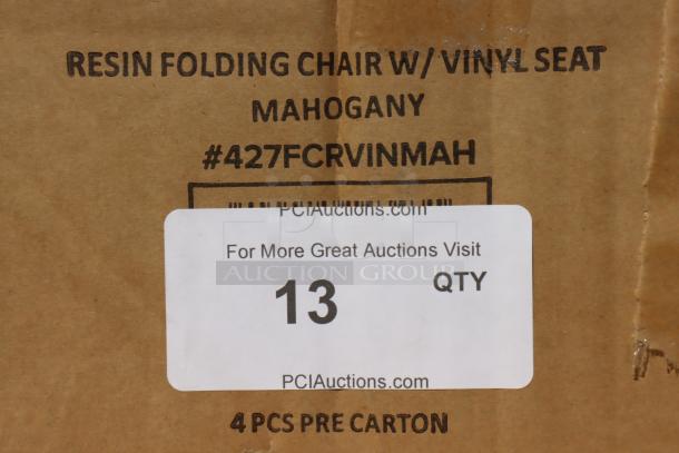 Box label showing Lancaster Table & Seating model 427FCRVINMAH mahogany resin folding chairs, vinyl seat, some light scratches.