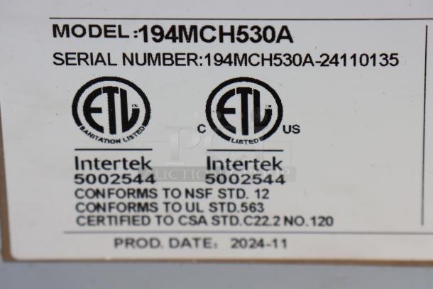 Avantco Ice MCH530A air-cooled ice machine label, model 194MCH530A, serial 194MCH530A-24110135, Intertek certified.