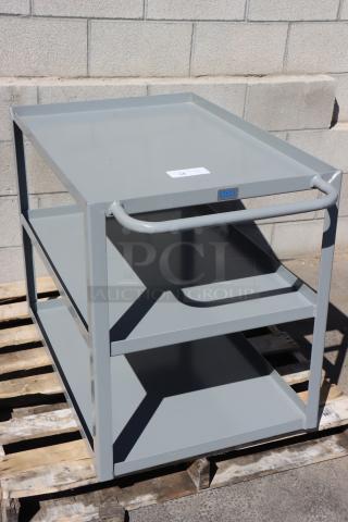 Brand new Lavex 257LSUC24363 three-shelf steel utility cart, 36"x24"x35", missing wheels and hardware, fully welded.