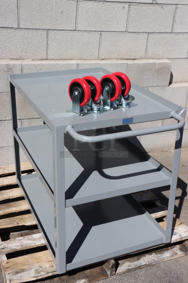 Brand new Lavex 257LSUC24363 36"x24"x35" steel utility cart, three trays, fully welded, missing wheel hardware.