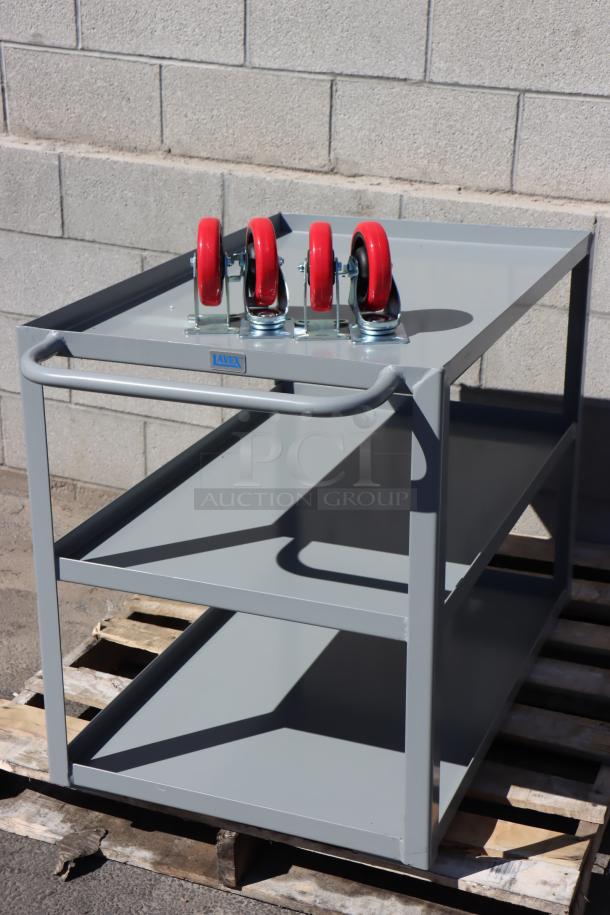 Brand new Lavex 257LSUC24363 steel utility cart, 36"x24"x35", three trays, missing wheel hardware, gray, fully welded.