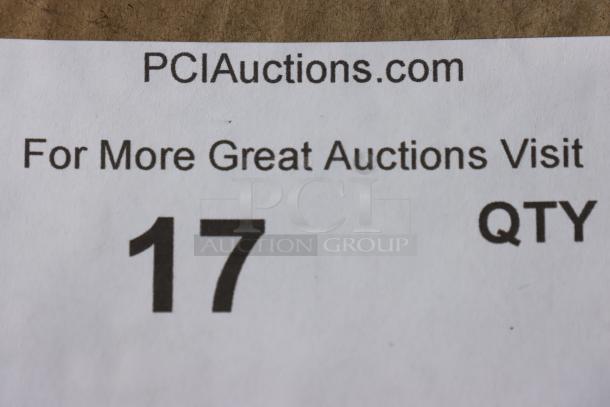 Close-up of auction label showing "PCIAuctions.com" and "17 QTY" with a note to visit for more auctions.