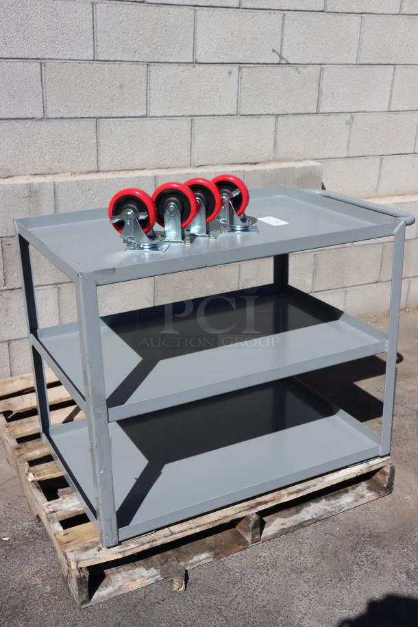 Brand new Lavex 257LSUC24363 steel utility cart, 36"x24"x35", three trays, fully welded, out of packaging, includes wheels.