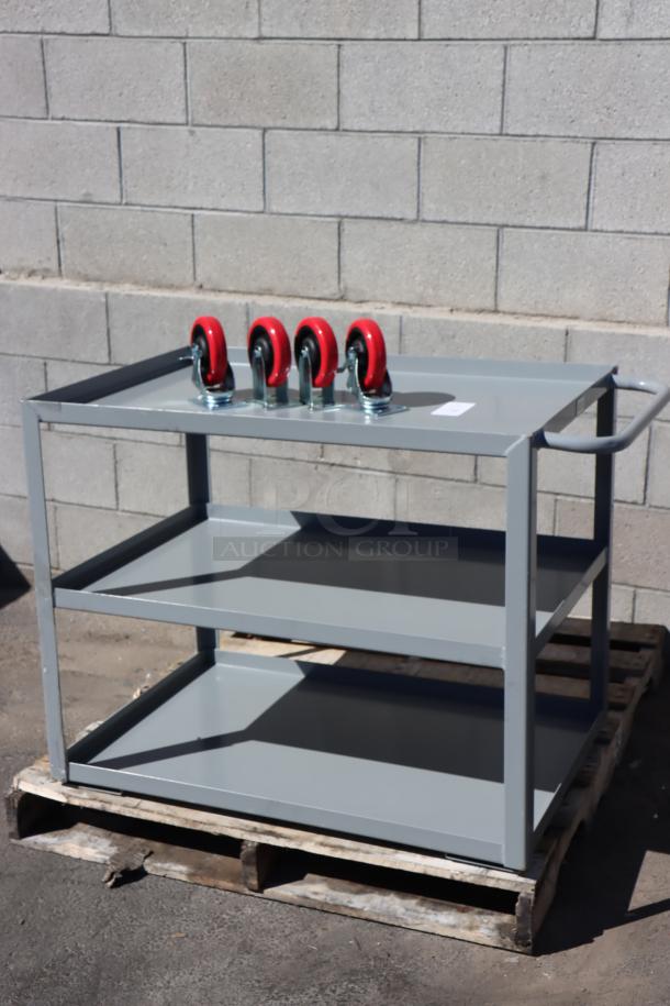 Lavex 257LSUC24363 utility cart, steel, 36"x24"x35", three trays, fully welded, new scratch-n-dent, missing screws, unassembled.