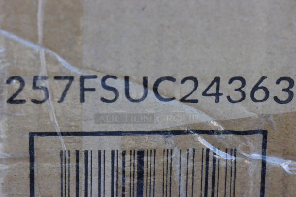 Close-up of model number "257FSUC24363" on cardboard.