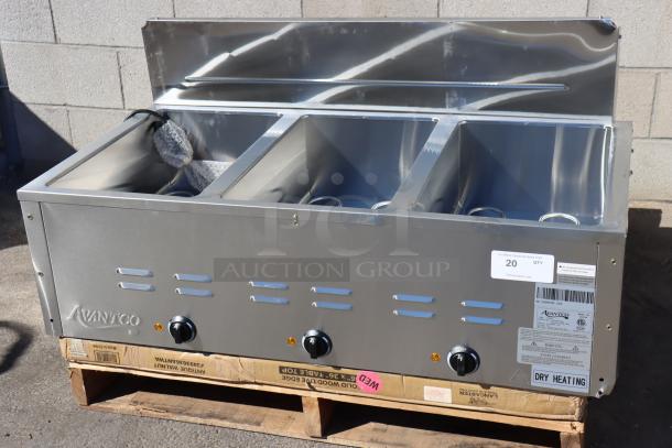 Brand new Avantco STE-3S three-pan electric steam table with undershelf. 120V, 1500W. Serial#: CK-240907R-226.