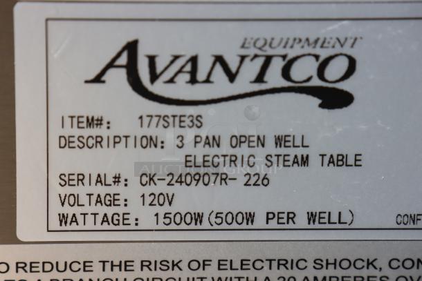 BRAND NEW Avantco STE-3S three pan open well electric steam table, 120V, 1500W, serial #CK-240907R-226.