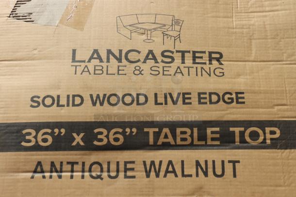 BRAND NEW Lancaster Table 36"x36" Live Edge Table Top, Rustic Walnut, Model 3493636ANTWA, in original packaging.
