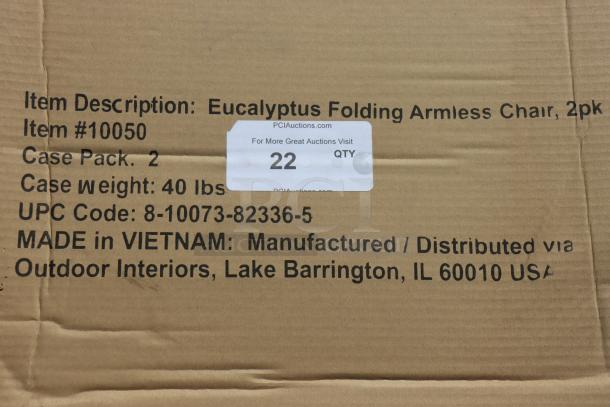 BRAND NEW SCRATCH-N-DENT Outdoor Interiors Eucalyptus Folding Armless Chairs, Model 10050, 2-pack, 40 lbs, Made in Vietnam.
