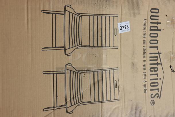 BRAND NEW Outdoor Interiors #10050 Eucalyptus Folding Armless Chairs. Box contains 2 chairs. Scratch-n-dent condition.