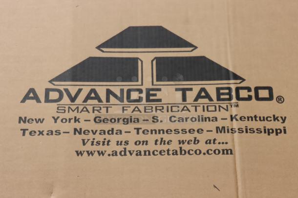 Alt text: "Advance Tabco logo on packaging for TT-308X 18 Gauge Stainless Steel Work Table, showing brand and locations."