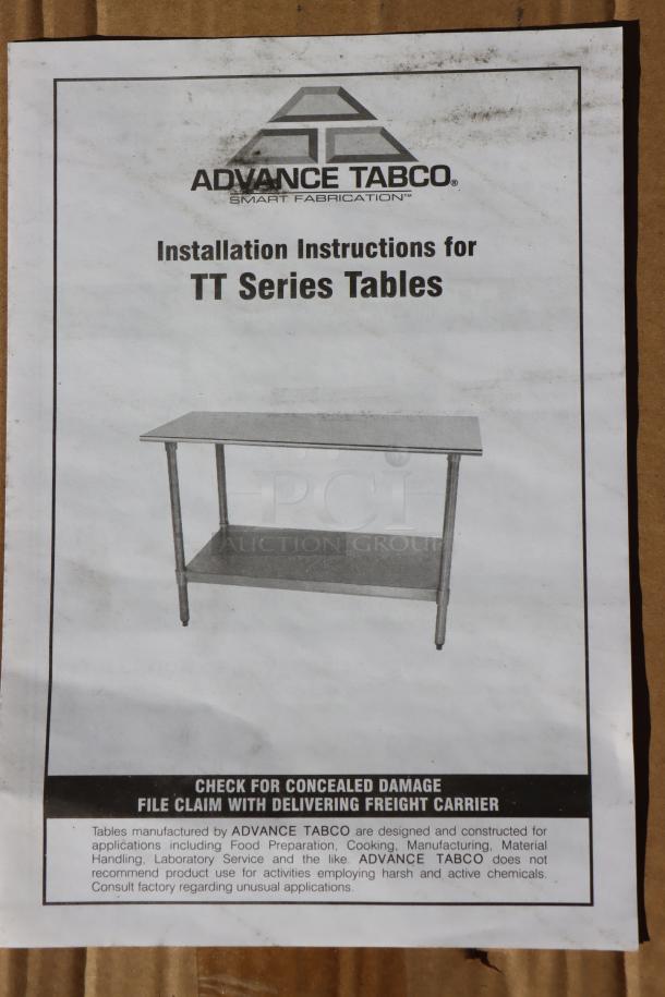 Advance Tabco TT-308-X 30" x 96" stainless steel work table with galvanized undershelf. New, may have minor imperfections.