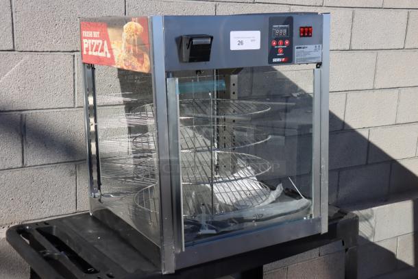 ServIt PDW18D1 18" pizza warmer, 4-shelf rotating rack, new, missing glass pane, digital controls, "Fresh Hot Pizza" sign.