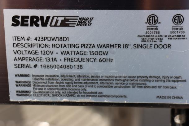 ServIt PDW18D1 18" pizza warmer label; 120V, 1500W, 13.1A; single door; missing glass pane. Serial: 1685004080138.