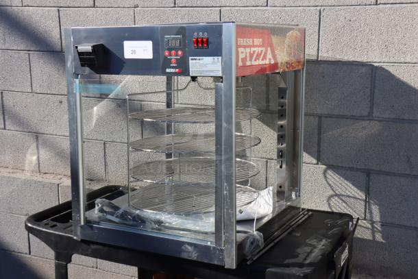 ServIt PDW18D1 pizza warmer with 4 rotating shelves, missing glass pane, temperature display, minor scratches.