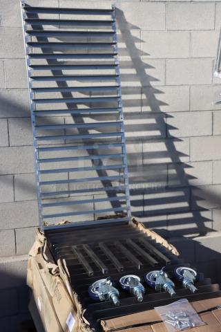 BRAND NEW Regency 600PR20316K 20 Pan End Load Stainless Steel Bun/Sheet Pan Rack, unassembled; signs of rain-damaged packaging.