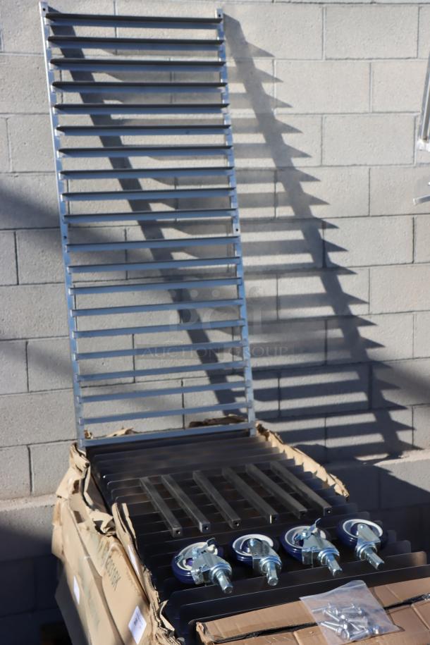 BRAND NEW Regency 600PR20316K stainless steel bun pan rack, 20 pan capacity, unassembled. Packaging damaged by rain.