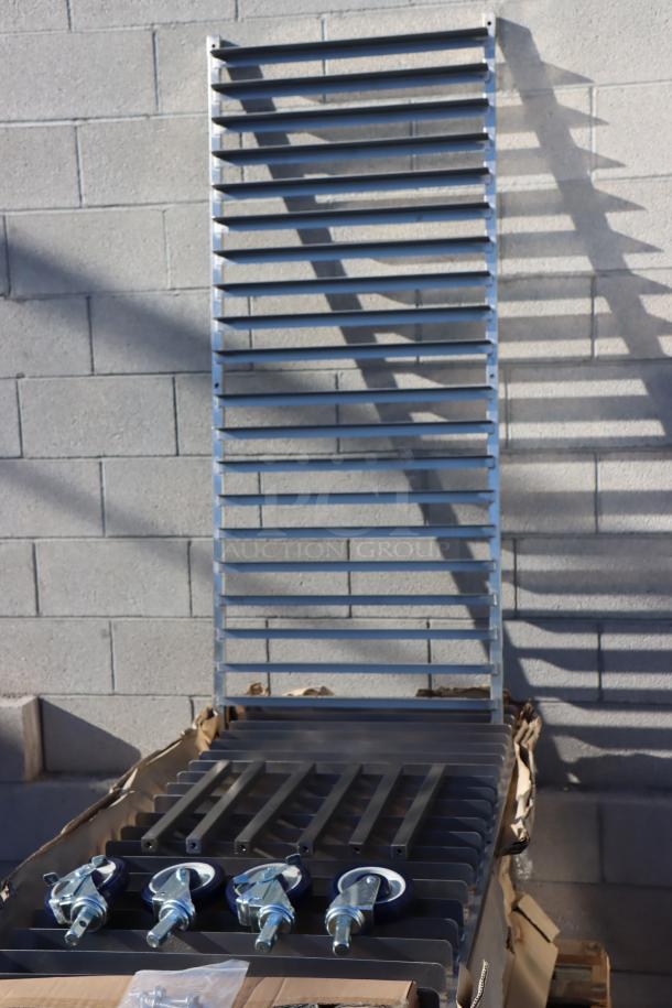 Regency 600PR20316K 20-pan stainless steel sheet pan rack, unassembled. New condition, rain-damaged packaging visible.