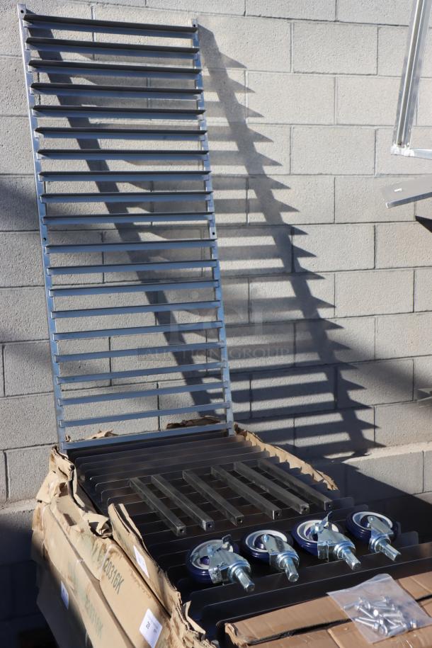 Brand new Regency 600PR20316K 20 Pan End Load Stainless Steel Bun Sheet Pan Rack, unassembled. Damaged packaging.