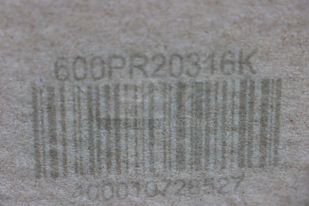 Barcode and model number "600PR20316K" on Regency 20 Pan End Load Stainless Steel Bun/Sheet Pan Rack packaging.