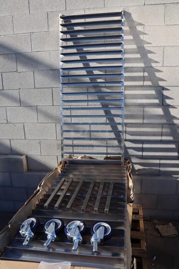 Brand new Regency 600PR20316K 20 pan end load stainless steel bun rack, unassembled. Packaging damaged by rain.