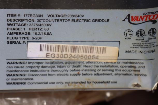 Avantco EG30N 30" Electric Griddle label, 208/240V, 3375W-4500W, Serial# EG30D24050054, minor cosmetic damage.
