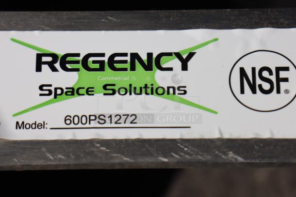 Regency 600PS1272 label on stainless steel pot rack with shelf. Brand new, scratch-n-dent condition, NSF certified.