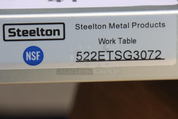 Steelton 522ETSG3072 label on stainless steel work table, 30"x72", 18 gauge, with undershelf, NSF certified, brand new.