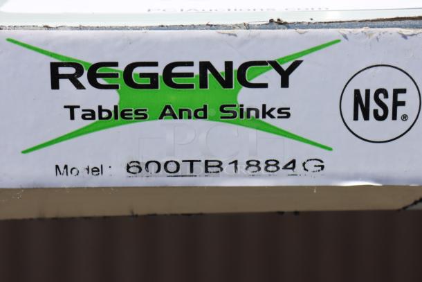 Regency 600TB1884G work table label, NSF certified, showing model number and Regency branding.