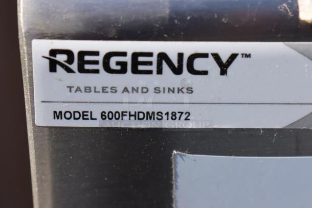 "Regency 600FHDMS1872 hand sink label, indicating model number and 'Tables and Sinks' text. Scratch-N-Dent condition."