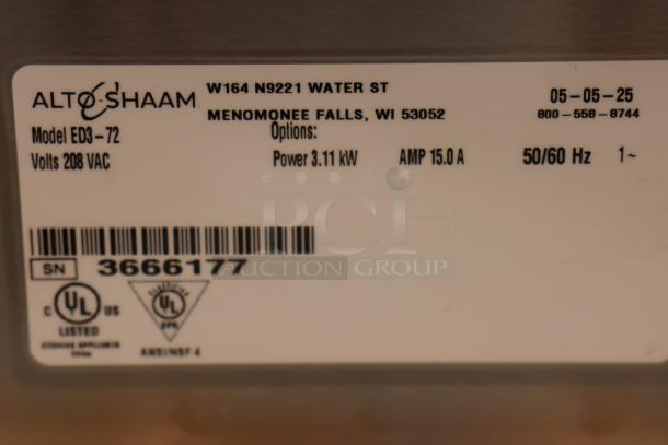 Alto-Shaam ED3-72 heated display case label, 208 Volts, 3.11 kW, Serial 3666177, UL listed, glass window needs replacement.