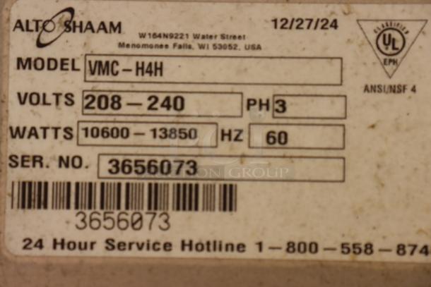 Alto-Shaam VMC-H4H Vector H Series oven label, showing model, voltage, wattage, serial number 3656073, and UL certification.