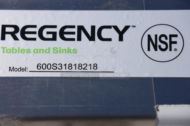 Regency 600S31818218 label, NSF certified, indicating three compartment stainless steel commercial sink model details.
