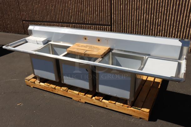 Brand new Regency 600S31818218 94" stainless steel 3-compartment sink with cross bracing, legs, minor scratches, slightly bent backsplash.