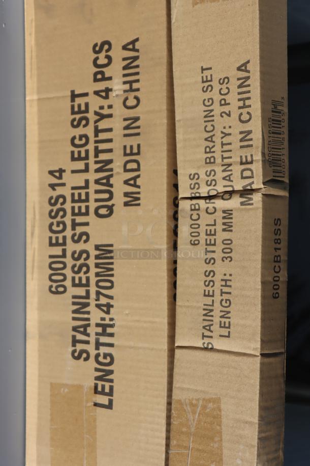 Regency 600S31818218 commercial sink packaging with labels for stainless steel leg set and cross bracing.