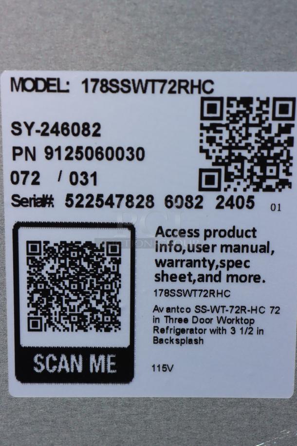 Label on Avantco SS-WT-72R-HC 72in three-door worktop refrigerator, model 178SSWT72RHC, serial# 522547828 6082 2405.