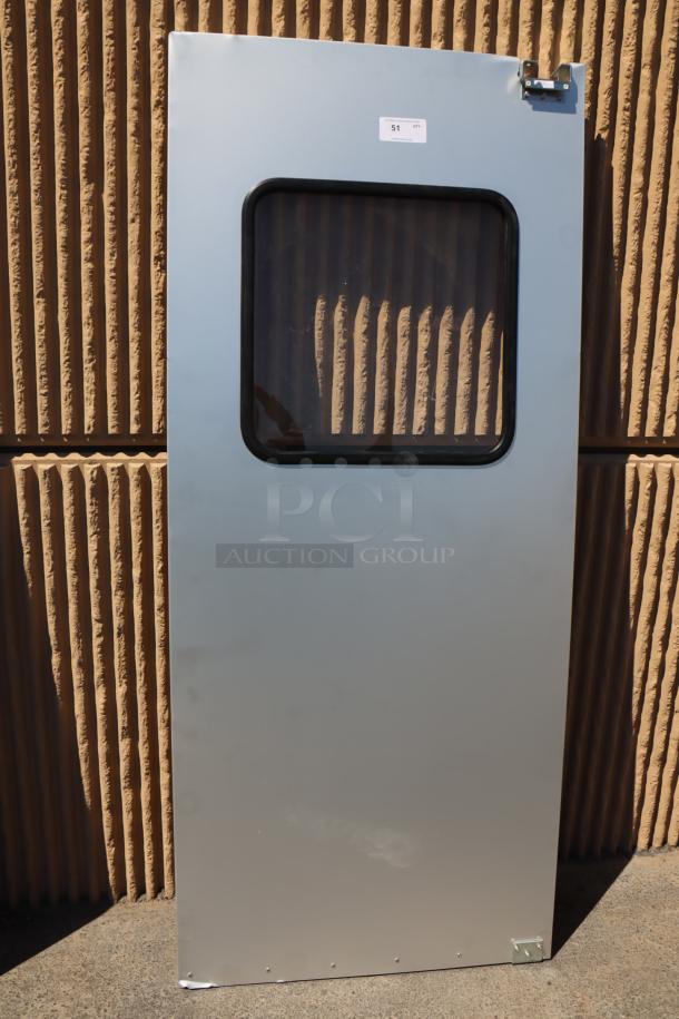 BRAND NEW Curtron Service-Pro Series 30 aluminum swinging traffic door, 36"x84", scratch-n-dent condition, model tag visible.