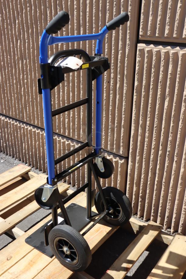 Brand new Harper DTC8635P 4-in-1 hand truck, 900 lb. capacity, dual handles, 10" solid rubber wheels, minor scratches.