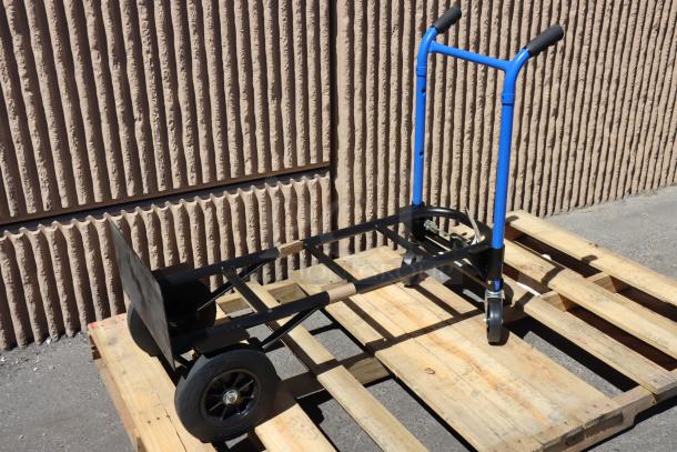 Brand new Harper DTC8635P 4-in-1 hand truck, dual handles, 10" solid rubber wheels, 900 lb. capacity, on wooden pallet.