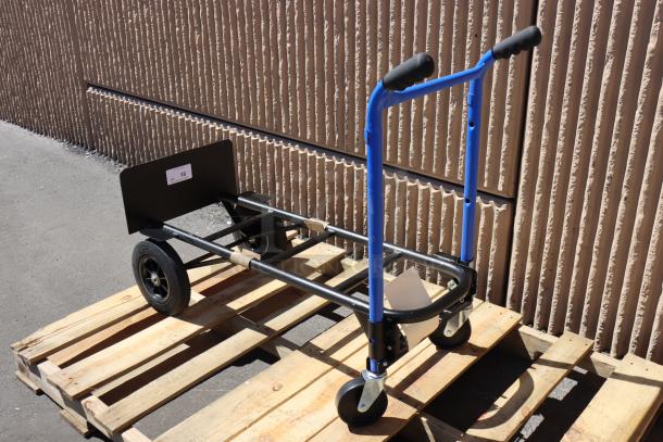 BRAND NEW SCRATCH-N-DENT Harper DTC8635P 4-in-1 hand truck, dual handles, 10" solid rubber wheels, on wood pallet.